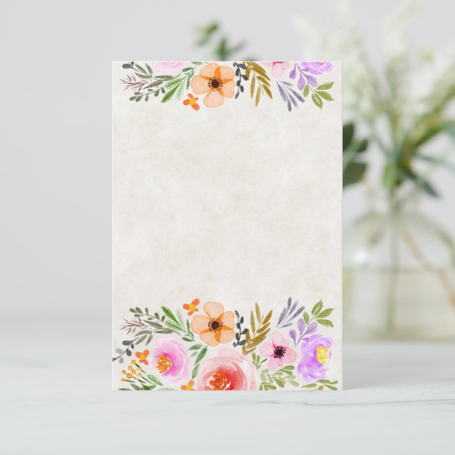 Convite Casamento floral em aquarela laranja e roxo  (Em pé/Frente)