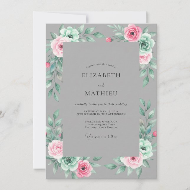 Convite Casamento Floral em Aquarela Macia Cinza (Frente)