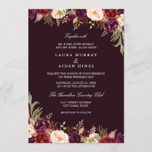 Convite Casamento Floral em Aquarela Marsala Borgonha