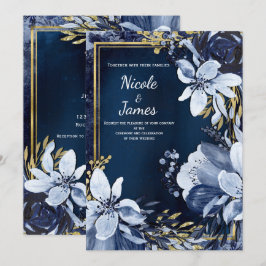 Convite Casamento Floral em Aquarela Moderna Azul Naval e