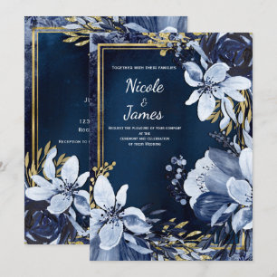 Convite Casamento Floral em Aquarela Moderna Azul Naval e 