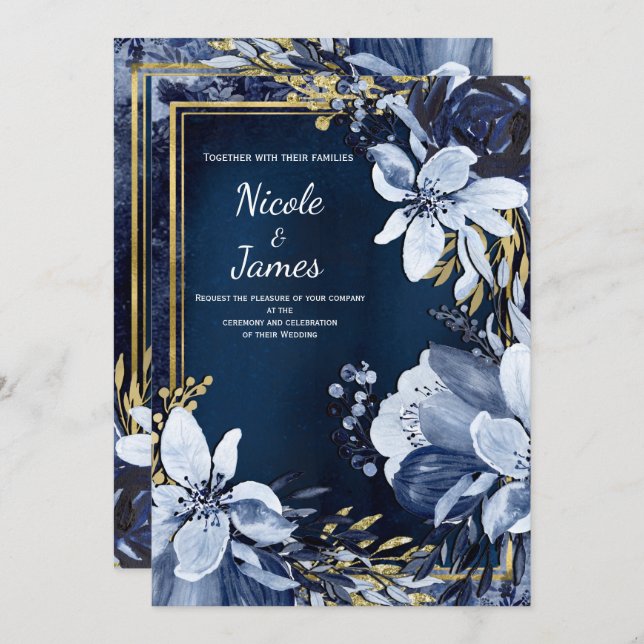 Convite Casamento Floral em Aquarela Moderna Azul Naval e  (Frente/Verso)