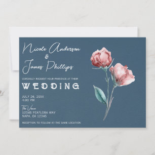 Convite Casamento Floral em Aquarela Moderna Cinza Azul Em