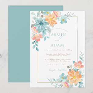 Convite Casamento Floral em Aquarela Moderna em Água e Pês