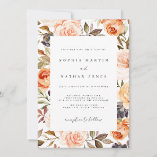 Convite Casamento Floral em Aquarela Outono Laranja Queima