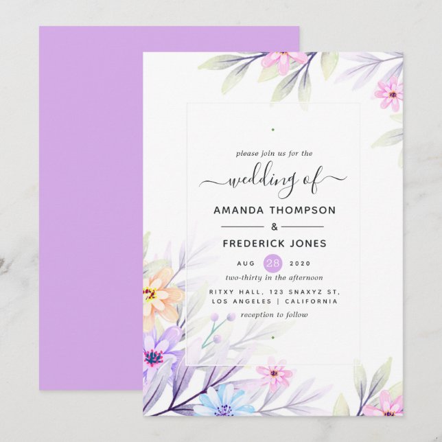 Convite Casamento Floral em Aquarela Pastel (Frente/Verso)