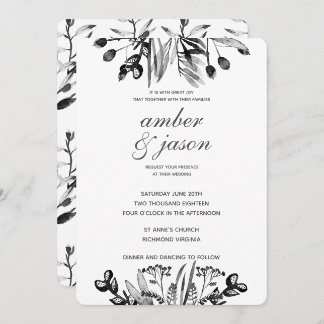 Convite Casamento Floral em Aquarela Preto e Branco (Frente/Verso)