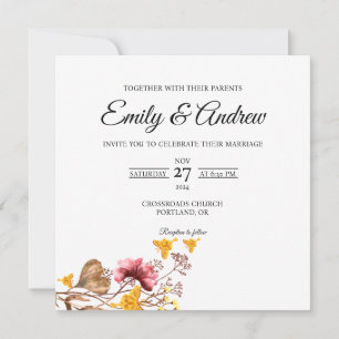 Convite Casamento Floral em Aquarela Quadrada de Borboleta