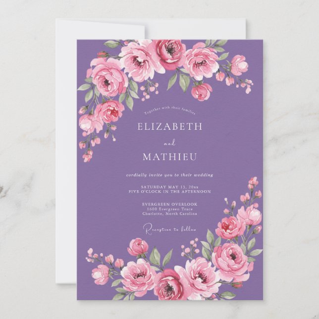 Convite Casamento Floral em Aquarela Rosa Ámbar (Frente)