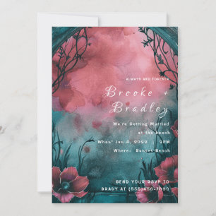 Convite Casamento Floral em Aquarela Rosa Azul Turquesa