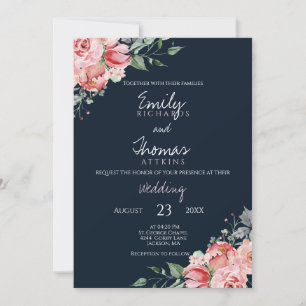 Convite Casamento Floral em Aquarela Rosa Bege Azul Marinh