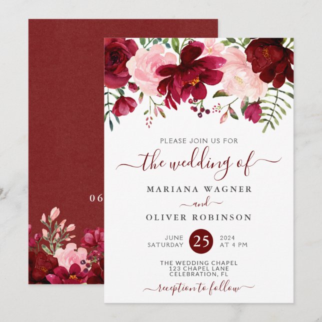 Convite Casamento Floral em Aquarela Rosa Borgonha Moderno (Frente/Verso)