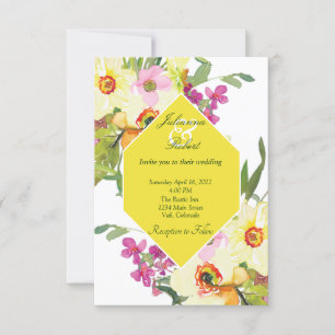 Convite Casamento floral em aquarela rosa e amarelo