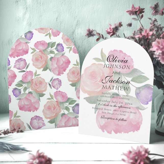 Convite Casamento Floral em Aquarela Rosa e Roxo Boho  (Criador carregado)