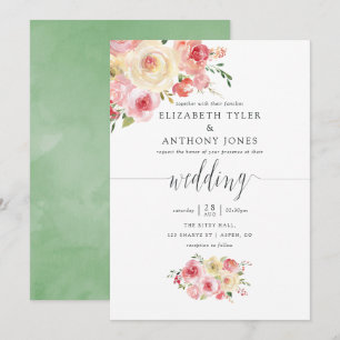 Convite Casamento Floral em Aquarela Rosa e Verde Sage