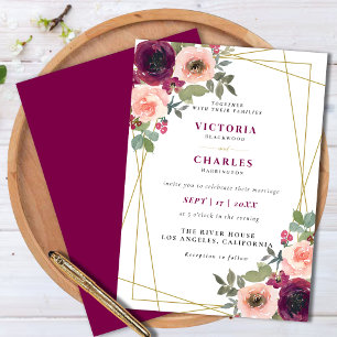 Convite Casamento Floral em Aquarela Rosa Elegante Rústico