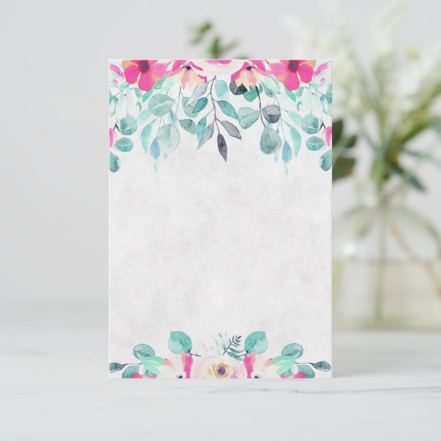 Convite Casamento floral em aquarela rosa em branco  (Em pé/Frente)