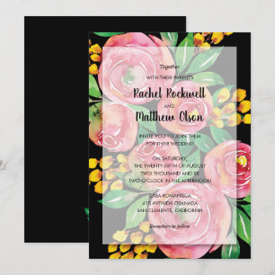 Convite Casamento Floral em Aquarela Rosa em Preto