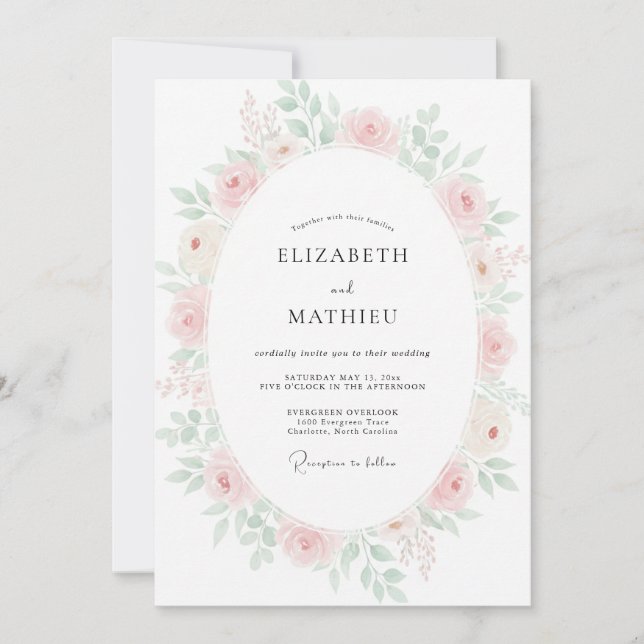 Convite Casamento Floral em Aquarela Rosa Pálido (Frente)