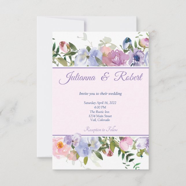 Convite Casamento floral em aquarela roxa e azul (Frente)