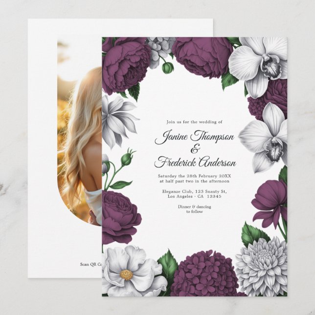 Convite Casamento Floral em Aquarela Roxa e Prata (Frente/Verso)