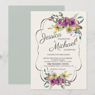 Convite Casamento Floral em Aquarela Roxo Elegante Amarelo