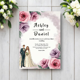 Convite Casamento Floral em Aquarela Roxo Elegante e Empol