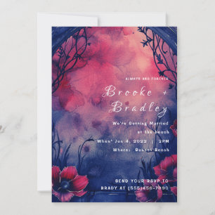Convite Casamento Floral em Aquarela Roxo Rosa Azul
