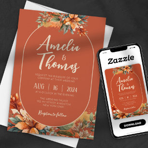 Convite Casamento Floral em Aquarela Terracota de Outono R