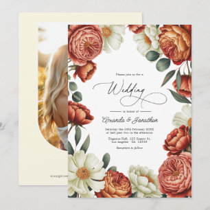 Convite Casamento Floral em Aquarela Terracota e Creme