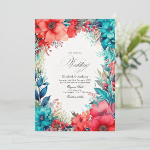 Convite Casamento Floral em Aquarela Turquesa e Coral