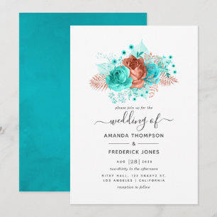 Convite Casamento Floral em Aquarela Turquesa e Coral