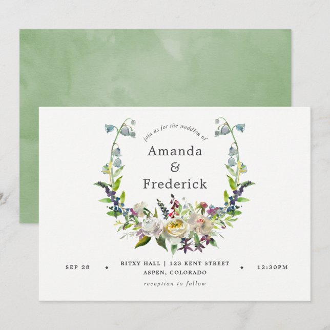Convite Casamento Floral em Aquarela Verde e Branco (Frente/Verso)