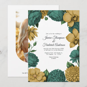 Convite Casamento Floral em Aquarela Verde Esmeralda e Dou