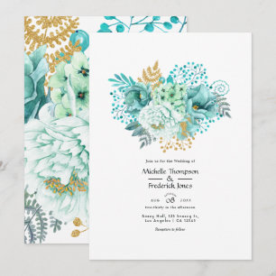 Convite Casamento Floral em Aquarela Verde Menta e Dourado