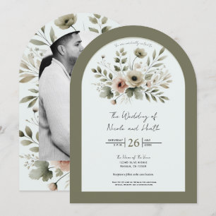 Convite Casamento Floral em Aquarela Verde Oliva Caqui