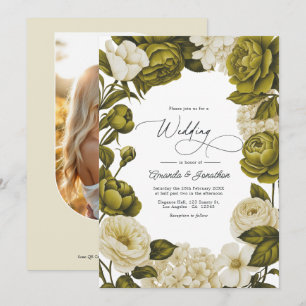 Convite Casamento Floral em Aquarela Verde Oliva e Creme
