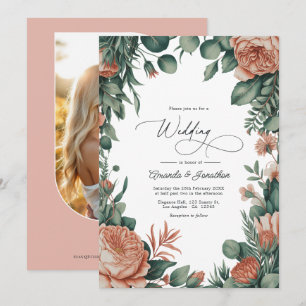 Convite Casamento Floral em Aquarela Verde Salvia e Pêsseg