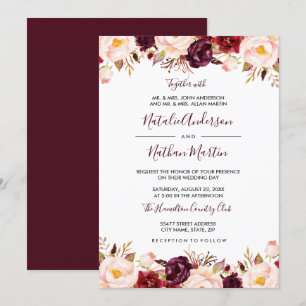 Convite Casamento Floral em Aquarela Vermelho Borgonha Mar