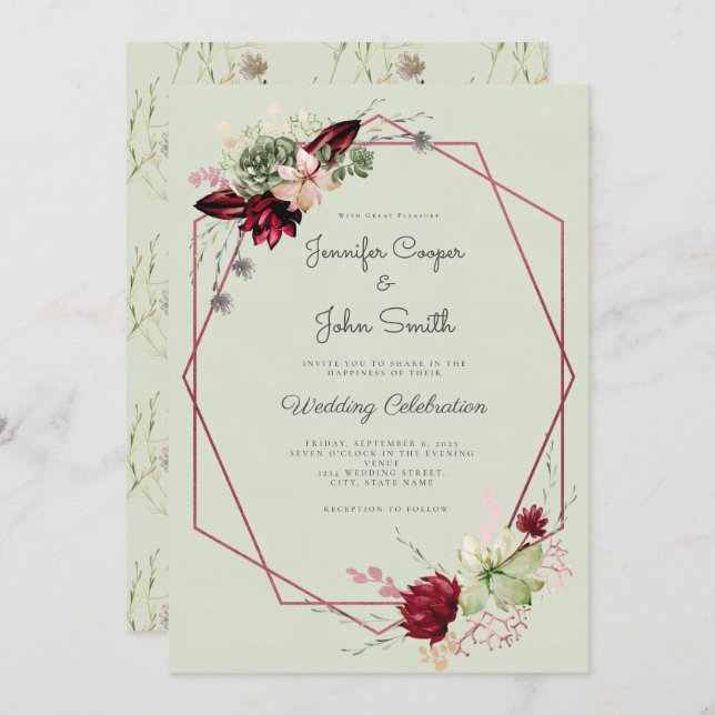 Convite Casamento Floral em Aquarela Vermelho Borgonha Ros (Frente/Verso)