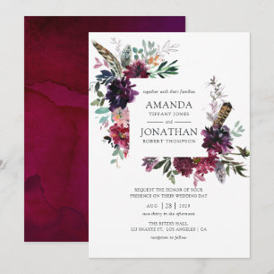 Convite Casamento Floral em Aquarela Violeta Bordo