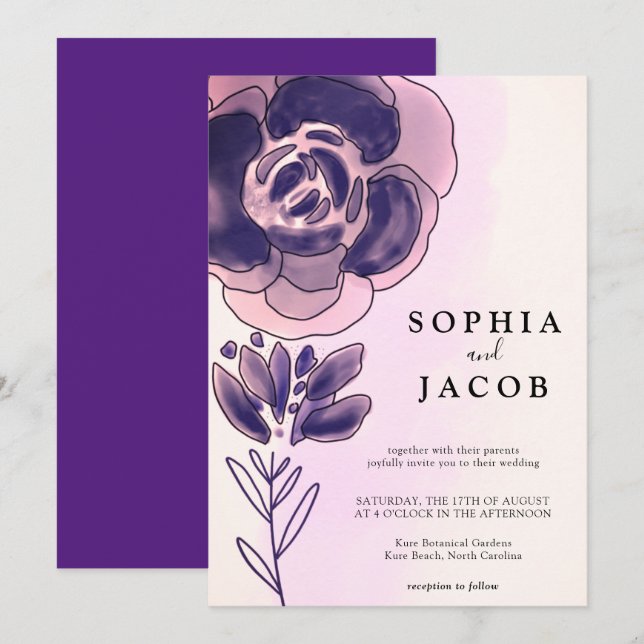 Convite Casamento Floral em Aquarela Violeta Rosa Dourado (Frente/Verso)