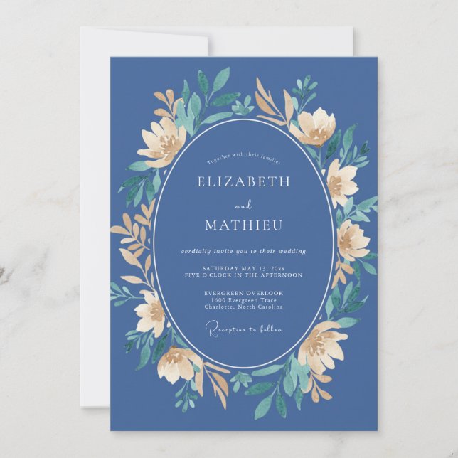 Convite Casamento Floral em Azul Aço e Dourado Pálido (Frente)