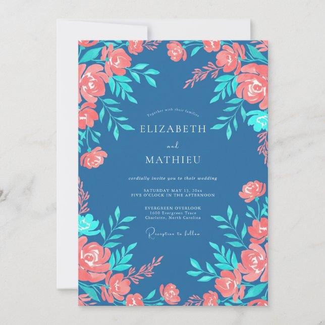 Convite Casamento Floral em Azul Aço e Pêssego (Frente)