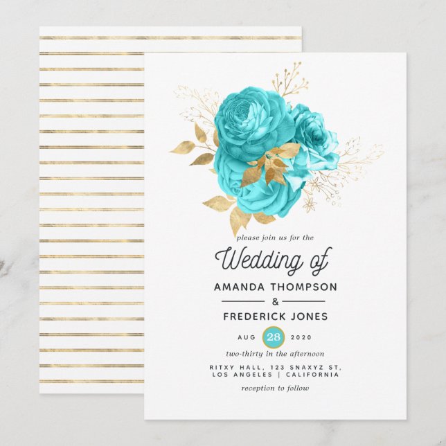 Convite Casamento Floral em Azul Água e Dourado (Frente/Verso)