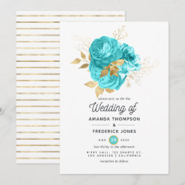 Convite Casamento Floral em Azul Água e Dourado