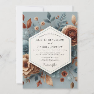 Convite Casamento Floral em Azul Ardósia e Cobre