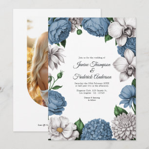 Convite Casamento Floral em Azul Desbotado e Cinza Suave e