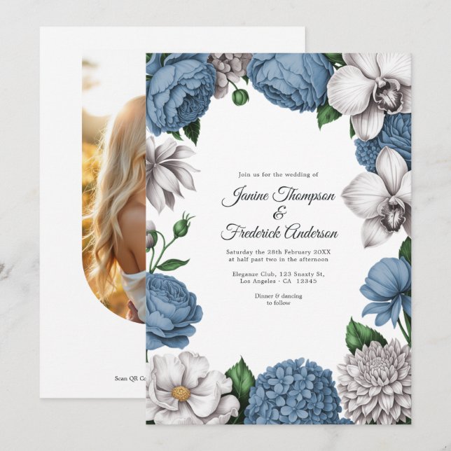 Convite Casamento Floral em Azul Desbotado e Cinza Suave e (Frente/Verso)