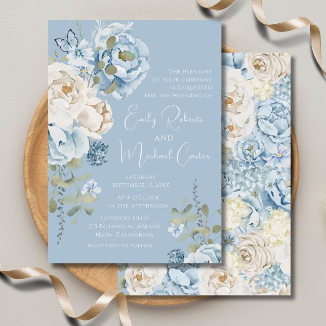 Convite Casamento Floral em Azul Desbotado Romântico com A (Criador carregado)